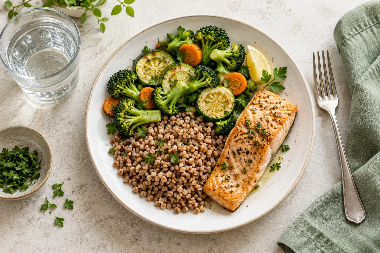 Блюдо с овощами, рыбой и гречкой — иллюстрация к разбору питания при диабете